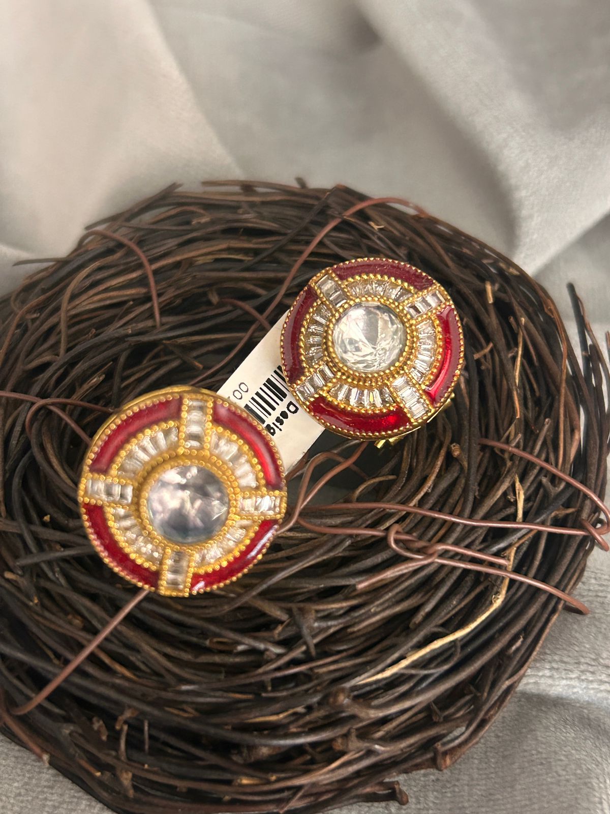 Red Enamel Round Stud Earrings with Diamond Look Center